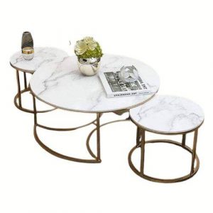 Trio table basse marbre et métal dorée 2023