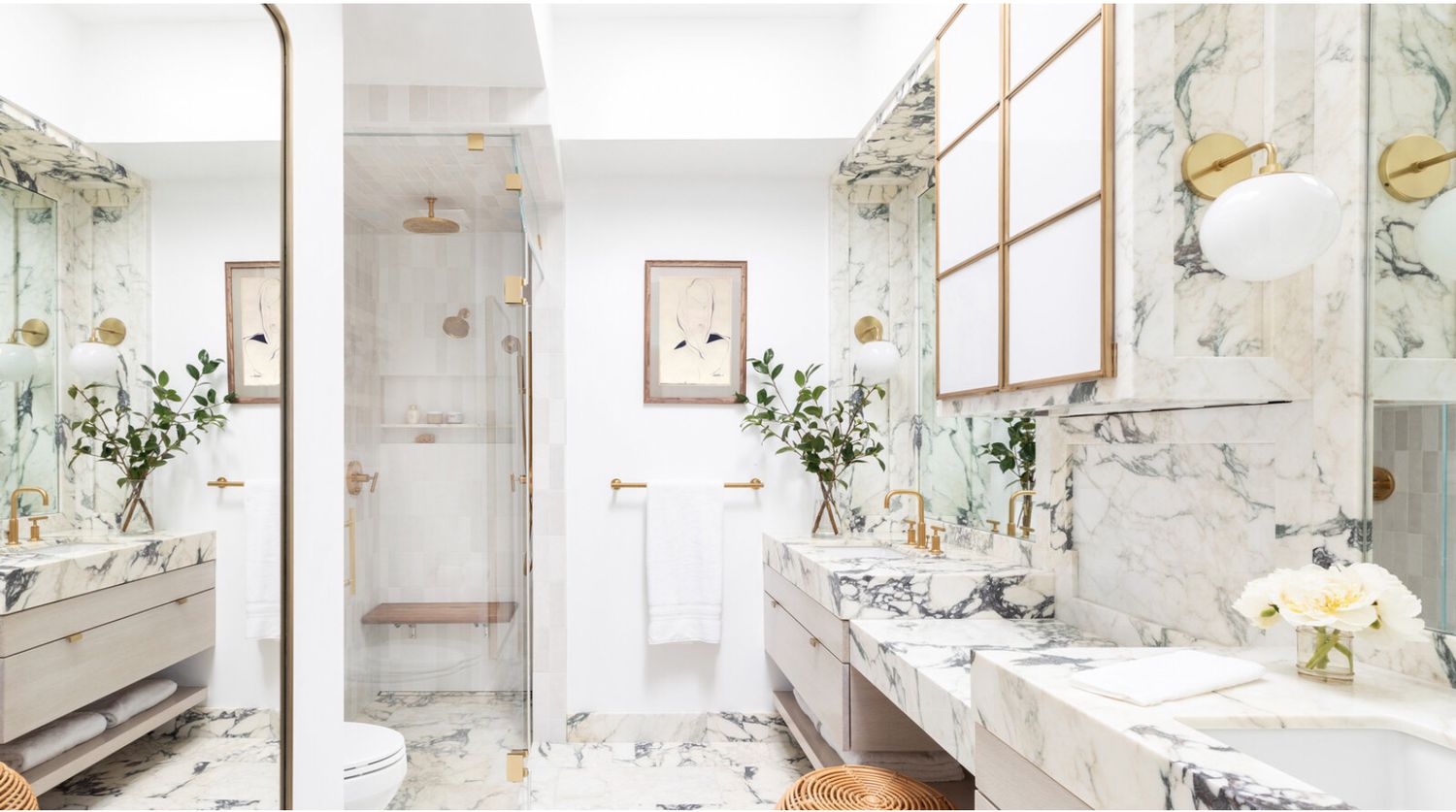 gray-and-white marble bathroom