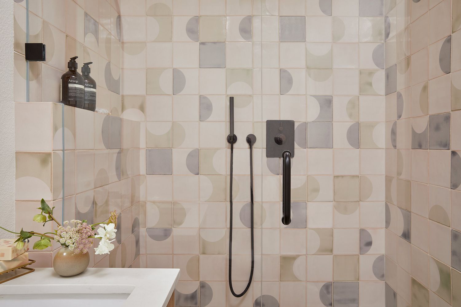gray and white bathroom shower tile