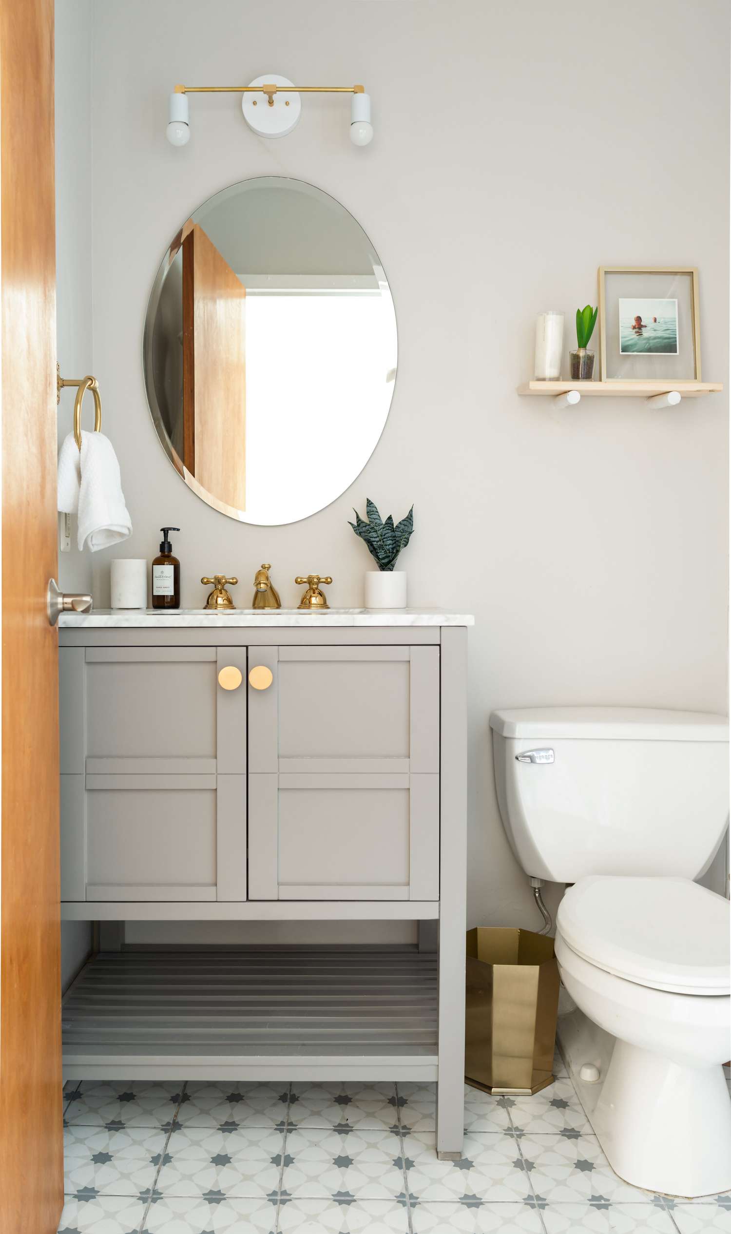 taupe gray and white bathroom