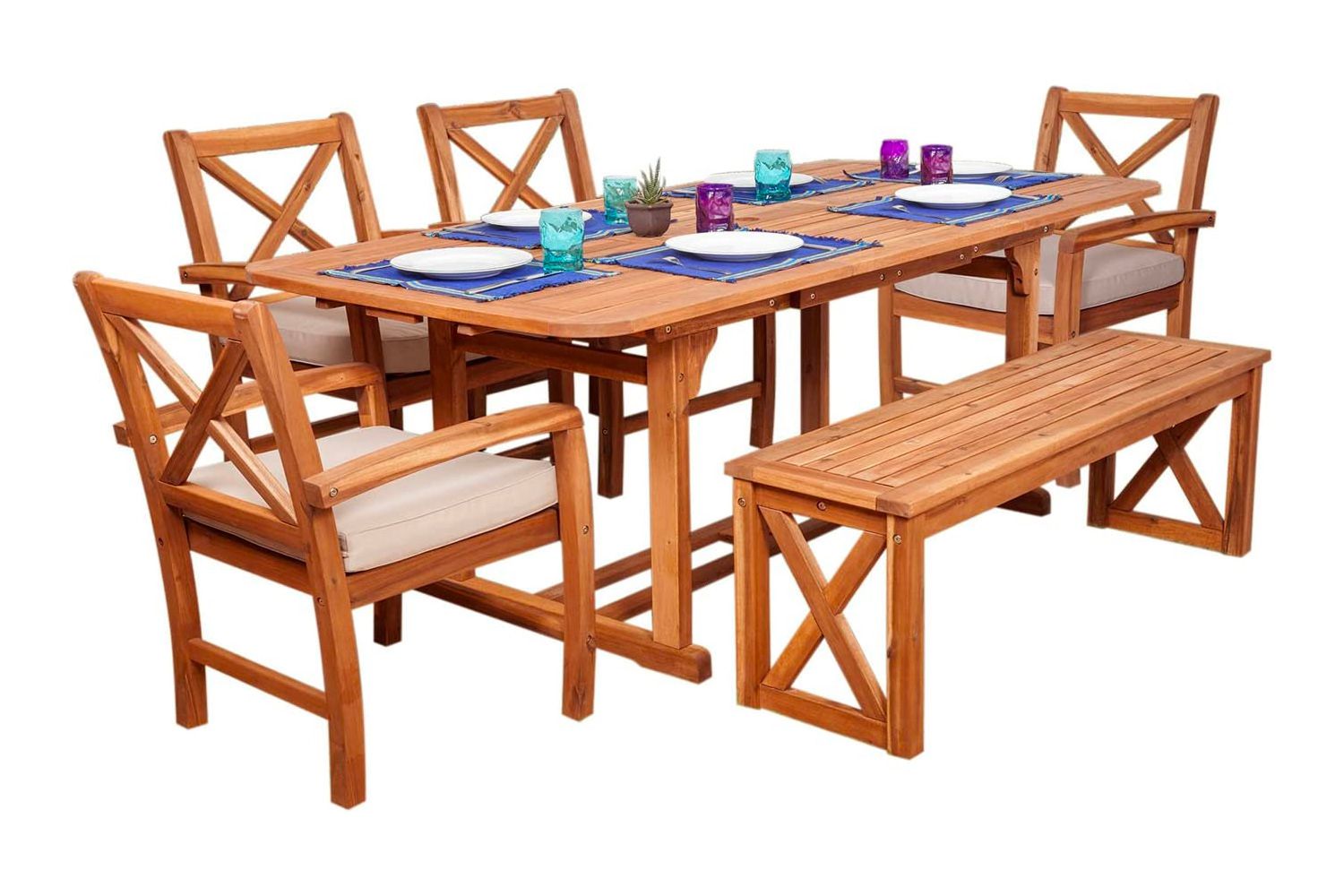 Walker Edison Delray Classic 6-Piece Acacia Wood Outdoor X Back Dining Set (Ensemble de salle à manger en X pour l'extérieur)